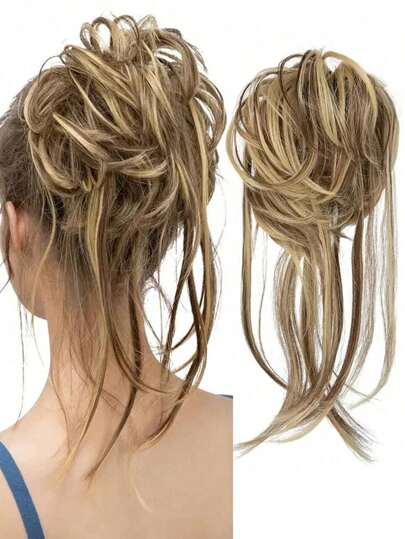 Coque de cabelo sintético, coque bagunçado, faixa elástica para cabelo cacheado, elástico, peças de cabelo falso para mulheres, grampos de cabelo pretos, castanhos, elásticos sintéticos, coque bagunçado, apliques de cabelo, scrunchie, preto, loiro, castanho, cabelo falso natural, coque, faixa, penteado donut para mulheres