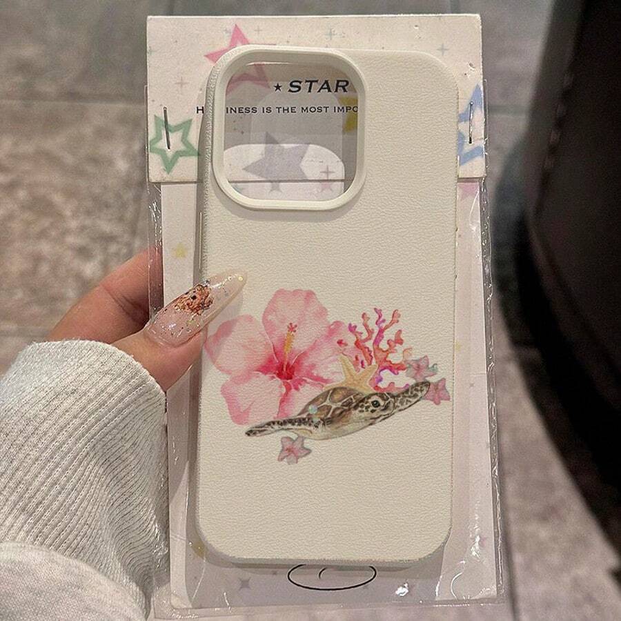 1pc TPU Material Pink Sea Turtle, Flower & Coral Pattern Phone Case Compatible With IPhone/ Phones,International Version, Not The Domestic Version - White - View 1