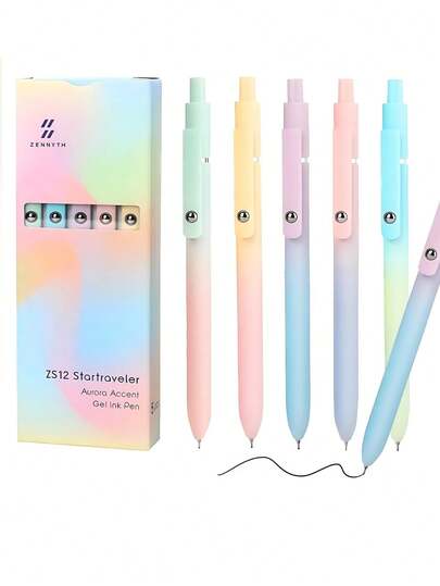 5pcs Startraveler Gel Pens Set, Aurora Accent Design Retractable Quick Dry Black Color Ink Pens Fine Point 0.5mm, Premium Cute Rolling Ball Smooth Writing Pastel Aesthetic Pens Comfort Grip For School Office Supplies