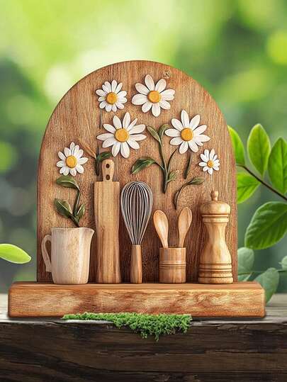 2D Hand-Crafted Wooden Sculpture Of Daisy Flower And Kitchen Utensils - Vintage Carving Style, Visible Wood Grain, Cottagecore Collage, With Whisk, Spoon And Other Kitchen Decors On Wooden Wall