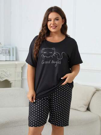Plus Size Women's Casual Comfortable Sleepwear Set, Featuring Cartoon Cat & Letter Print Short Sleeve Top And Polka Dot Print Shorts, Suitable For Lounging Or Outerwear