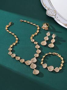 4 pièces Ensemble de collier, bracelet, boucles d'oreilles et bague de mariage de soirée de luxe Dubaï, décoration de mariée saoudienne avec design en zircone et goutte d'eau à gland