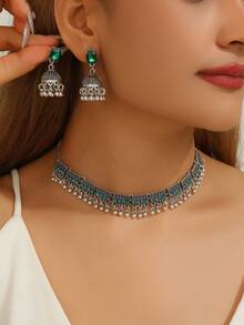 3pcs/Set Vintage Rhinestone Jewelry Set, Traditional Accessory, Includes Beaded Tassel Necklace And Earrings, Suitable For Women's Daily, Festival, Wedding And Party Wear/Jewelry Gift - Multicolor - View 2