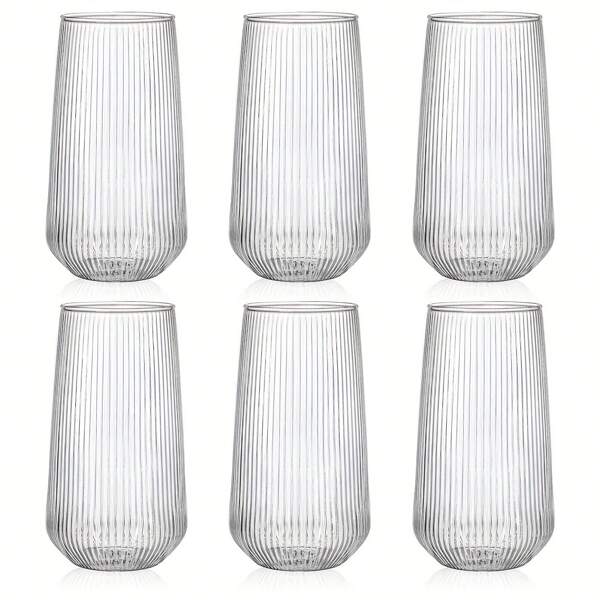Lot de 6 verres à whisky rétro à rayures, 500 ml, verres à boire en verre borosilicate de haute qualité, résistants à la chaleur et au froid, stables - Verres à cocktail, à café et à boissons fraîches idéaux pour les glaciers, les cafés et les ménages.