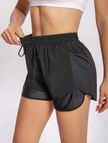 1 pieza Pantalón corto de yoga 2 en 1 para mujer con tela de secado rápido y bolsillos de malla - Para uso casual, entrenamiento en el gimnasio - Apto para verano - Para mujeres - Perfecto para un estilo de vida activo - Negro - Ver 6