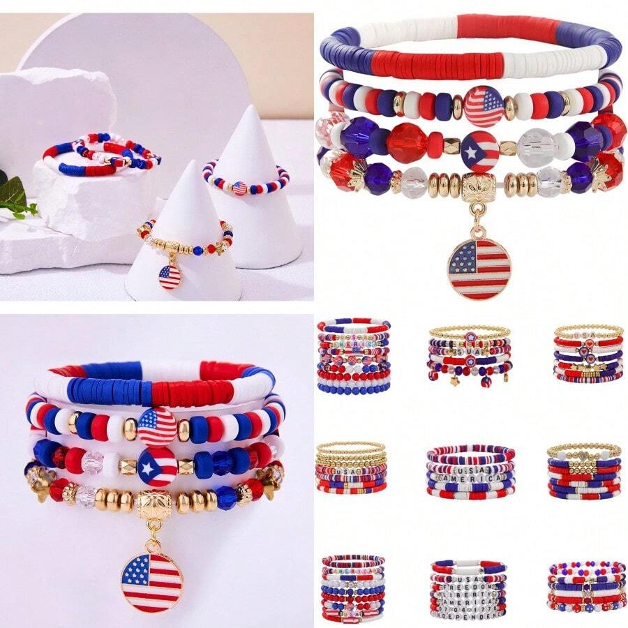 4th Of July Bracelets For Women Red White And Blue Bracelets USA Clay Bead Bracelet American Flag Bracelets Patriotic Beaded Stackable Bracelet Bracelet Set For Men