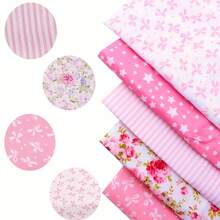 5件装粉色花卉蝴蝶结图案布料包 - 涤纶工艺布料，适用于DIY项目、娃娃衣服、拼布 - 多种图案预裁正方形，尺寸为7.87x7.87英寸/15.7x19.7英寸