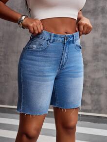 Women's Solid Color Frayed Hem Zipper Pocket Casual Denim Shorts - Light Wash - View 4