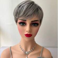Short Layered Pixie Cut Dark Roots Gray Synthetic Hair Wigs Mom's Daily Soft And Healthy Heat-Resistant Synthetic Wig - Suitable For Daily Wear, Party Role-Playing, Halloween - 銀色 - 查看 4