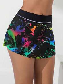 Tie Dye Contrast Hemmed Accessible Sports Culottes - Black - View 2