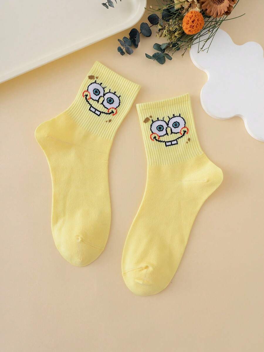 1 Cặp vớ thể thao dài đến bắp chân bằng vải Jacquard nhiều màu họa tiết SpongeBob SquarePants thoáng khí thoải mái cho nữ, phù hợp với mọi mùa, kích thước Châu Âu, màu sắc phong phú, chống mài mòn, hoàn hảo để mặc hàng ngày - Nhiều màu - Xem 1