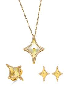 4pcs Elegant 18K Gold Plated Four-Pointed Star Jewelry Set For Women, Including Stud Earrings, Ring And Choker Necklace, Copper Base, Fashionable Jewelry For Women, Ideal For Daily Wear & Gifting, Perfect For Valentine'S Day