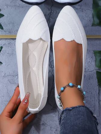 2025 Autumn Women's Pointed Toe Slip-On Knitted Striped Flat Shoes, Solid Color Bohemian Chic Fashion Casual Comfortable Outdoor Cute Ribbed Flats, Suitable For Holiday, Party, Home, Office, Outdoor, All Seasons