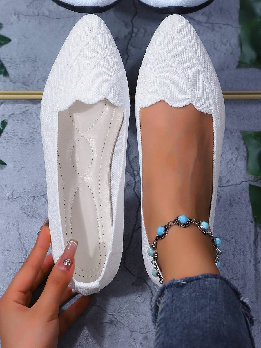 2025 Autumn Women's Pointed Toe Slip-On Knitted Striped Flat Shoes, Solid Color Bohemian Chic Fashion Casual Comfortable Outdoor Cute Ribbed Flats, Suitable For Holiday, Party, Home, Office, Outdoor, All Seasons - White - View 1