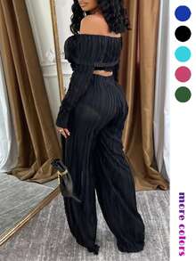 Conjunto de 2 piezas para mujer, top corto con botones y volantes en el frente, hombros descubiertos, de manga larga y pantalón de pierna ancha, unicolor negro, elegante para primavera - Negro - Ver 2