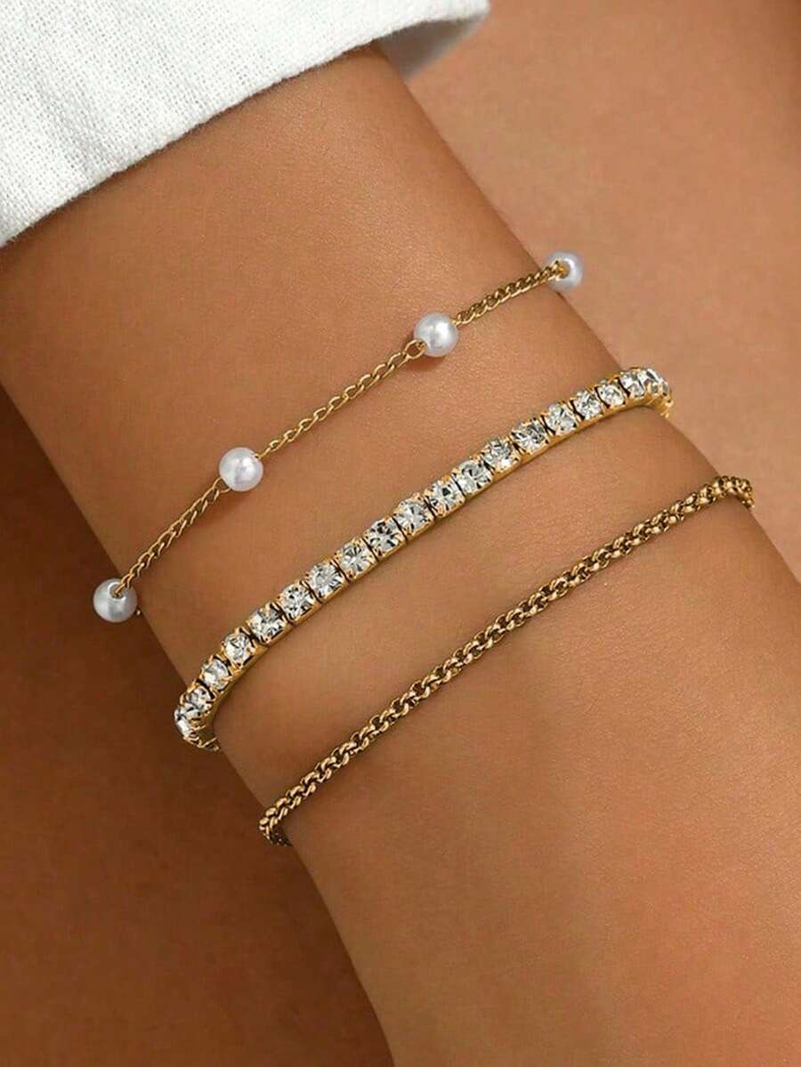 3 件优雅银色塑料水晶弹性手链套装，包括人造珍珠手链和不锈钢手链，尺寸可调，适合年轻女孩，是送给朋友、学生、生日的时尚珠宝礼物（注意：人造珍珠的数量可能略有不同） - 金色 - 查看 1