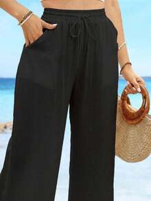 Women's Linen Palazzo Pants - Summer Boho Wide Leg High Waist Casual Lounge Bottoms 2025 Beach Travel Vacation Outfits - 黑色 - 查看 6