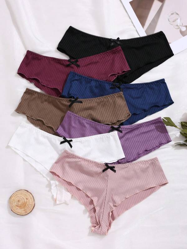 Juego de 7 bragas de unicolor con adorno de lazo y borde fruncido para mujer, ropa interior cómoda y transpirable para uso diario