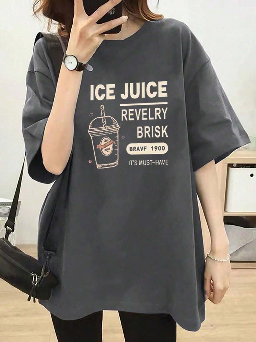 Women's Summer New Daily Casual Loose Round Neck Cotton Short Sleeve T-Shirt. Cute And Versatile Prints Are Printed On It, Fashionable And Versatile, Perfect For Daily Wear Ladies Tops. - 深灰 - 查看 1