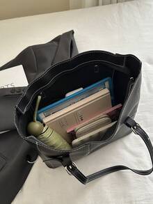 Simple Solid Color Chic Luxury PU Leather Tote Bag, Fashionable Niche Design - Black - View 9