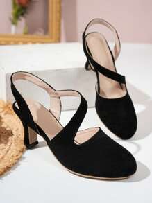1 双女士时尚百搭舒适一脚蹬软底高跟踝鞋 - 黑色 - 查看 1