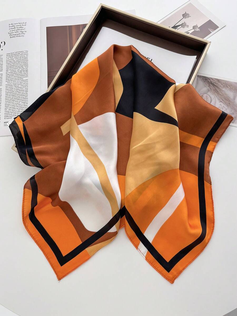 1條女士印花圍巾，時尚仿真絲頸巾，優雅手帕、頭巾、頭箍，襯托你的時尚造型 - 彩色 - 查看 1