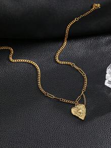2pcs Elegant Vintage Embossed Heart Stainless Steel Women Necklace & Bracelet Jewelry Set, High Quality, Non-Fading, Non-Allergic