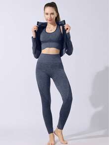 Sport Studio Conjunto de leggings y top corto con diseño de retorcido en la espalda en unicolor para mujer, ropa de entrenamiento - Negro - Ver 4