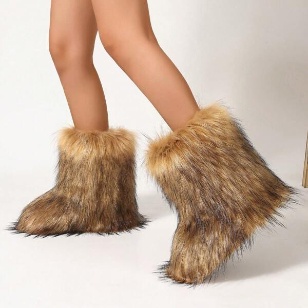 Damen Winter warm dicke rutschfeste flauschige Stiefel bis zur Wadenmitte, vintage personalisierte modische Schneestiefel, Kunstpelz/Fuchspelz Y2K Stil, flache Plateau Stiefel bis zur Wadenmitte, flauschig flauschige Winter Stiefel für Frauen