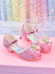 Girls Fashion Pink Butterfly Rhinestone High Heel Sandals Student Princess Shoes