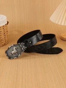 1 条男女通用复古西部牛仔动物扣压花 PU 皮带，时尚百搭，适合牛仔裤、裙子和全年穿着 - 黑色 - 查看 11