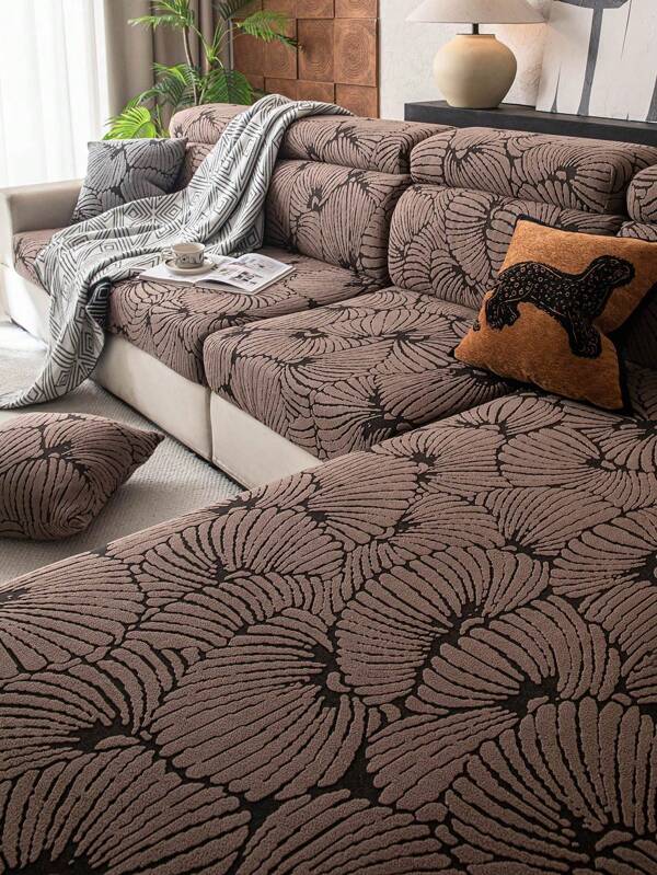 1pc Leaf Pattern Stretch Sofa Slipcover, Retro Plush Fabric All-Season Anti-Slip Sofa Protector Cover, Suitable For Living Room, Bedroom, Outdoor, Fits L-Shaped Combination Sofa And 1/2/3/4 Seater Sofas