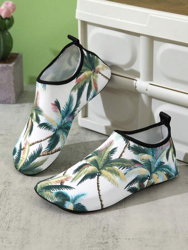 1 Pair Women's Green Palm Tree Beach/Yoga/Swimming Shoes, Quick Dry Barefoot Aqua Socks