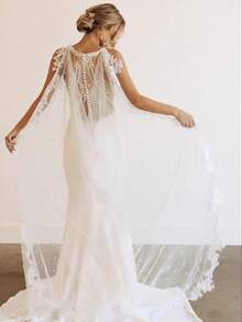 1pc Bride Wedding Wraps Lace Edge Shawl Cape With Faux Pearl, Lace Bridal Shawl Cape,Marriage Wedding Dress Accessories - Beige - View 2