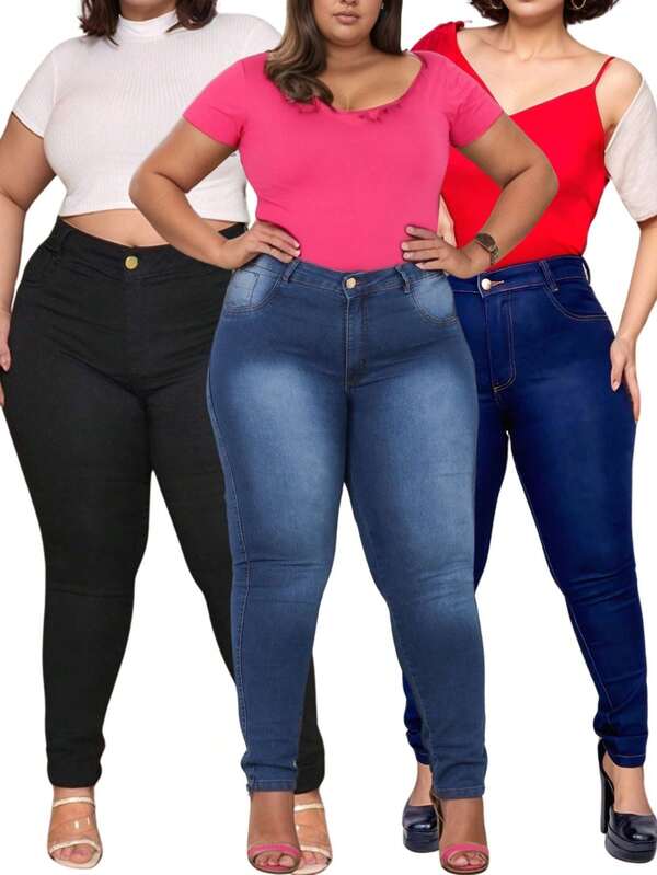 Kit 3 Calças Jeans Feminina Plus Size Skinny Cintura Alta