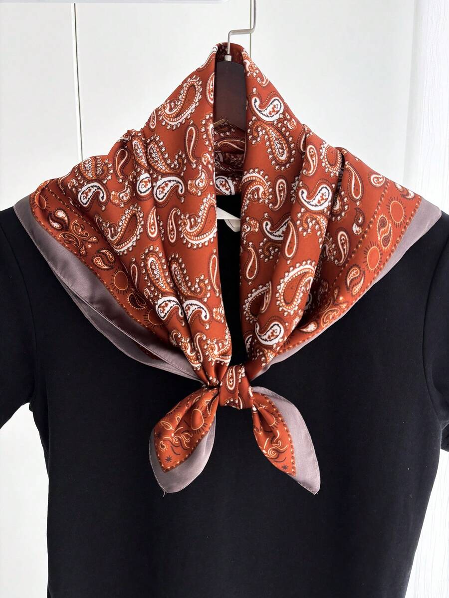 1 pieza Pañuelo/Bandana tipo seda con estampado de paisley, pañuelo versátil unisex para protección solar, regalo - Naranja - Ver 1