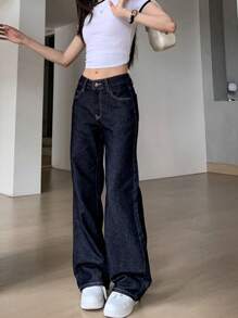 Navy Blue Low Waist Versatile Jeans For Women, Slimming, Relaxed Straight Leg Long Pants - Blue - View 2