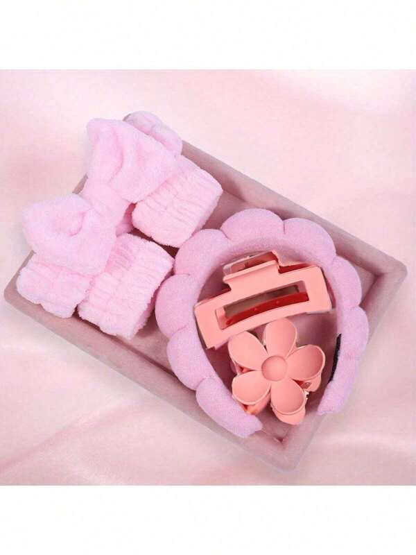 Set de 6 piezas/1 pieza Diademas suaves faciales, muñequeras, pasadores de cabello y scrunchies, que incluyen lazos para el cabello para el lavado de cara, diadema, muñequera, lazos de pelo esponjosos y pasadores de cabello con flor, diademas y muñequeras para maquillaje y cuidado de la piel, diademas esponjosas para el lavado de la cara