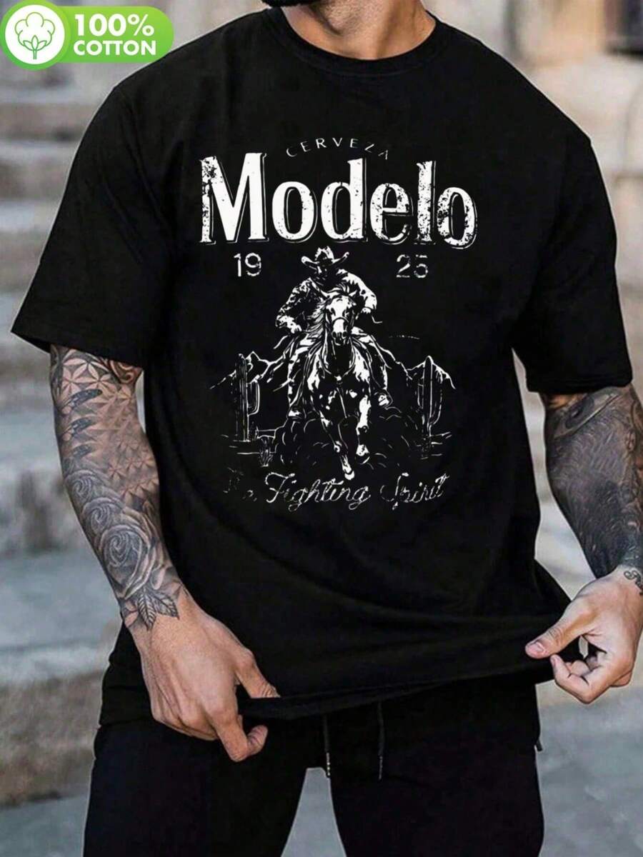 Camiseta Negro Letra Caballo Cerveza  , Camiseta para mujeres de 100% algodón con una densidad de 180 g/m². Camiseta casual de verano, con cuello redondo y mangas cortas, transpirable y cómoda. Colores negro y blanco. Tamaños desde S hasta XXL. - Negro - Ver 1