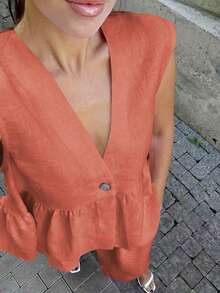 2 件套女士休闲无袖上衣和松紧腰长裤套装，轻薄透明面料，优雅装扮，适合约会、海滩、婚礼、花园、街头 - 橘色 - 查看 5