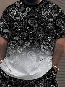 3D Geometric Gradient Print Men's Plus Size Short Sleeve Shorts Set, Fashionable Design Drawstring Shorts, Round Neck Short Sleeve Set, Suitable For Summer Men's Exercise, Outdoor, Daily Sports, Plus Size - Multicolor - View 5