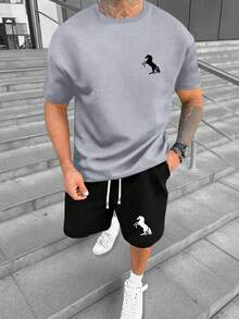 2pcs/Set Men's Summer Sports Regular Fit Short Sleeve T-Shirt And Shorts Set, Personalized Horse Print Pattern, Casual Outfit With Pockets And Drawstring Waist, Suitable Gift For Husband, Boyfriend For Golfing, Fishing, Basketball, Camping, Gym, Swimming And Beach - Multicolor - View 4