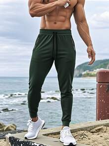 1pc Men's Quick-Dry Loose Fitted Jogger Pants, Solid Color, Suitable For Sports Gym Training Casual Wear - Army Green - View 1