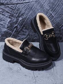 Botas de tobillo con suela gruesa y decoración de cadena, estilo colegial para mujer. Forro cálido, unicolor, adecuado para el hogar, la oficina, fiestas, bodas, otoño/invierno, botas de piel - Negro - Ver 7