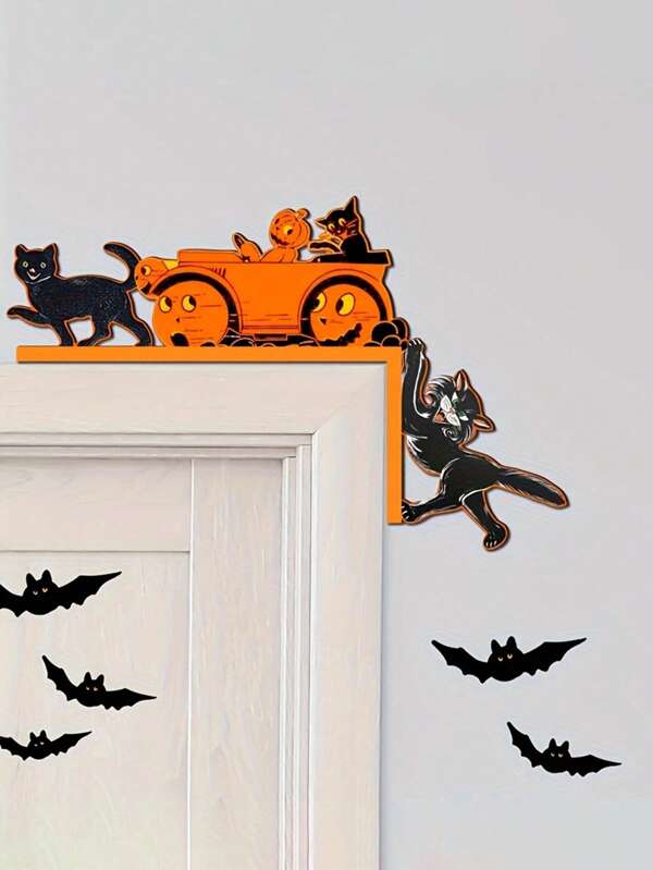 1 pieza Decoración de marco de puerta de madera para Halloween, elegante letrero colgante de temporada con elementos de sombrero de bruja, araña y calabaza - Arte de pared universal para el hogar, estilo campestre, sala de estar, cafetería, bar