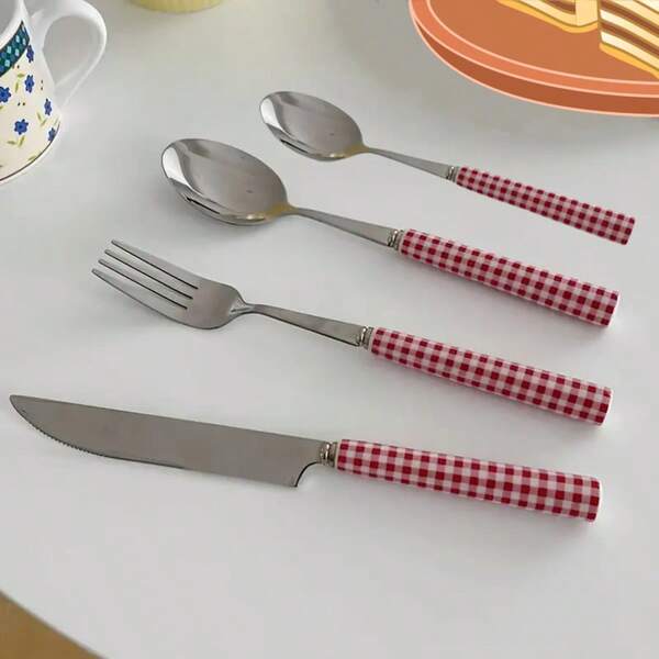 4pcs/16pcs Red & White Checkered Ceramic Handle Cutlery Set, Premium Stainless Steel Handled Knife, Fork, Spoon, Dessert Spoon Dishware Set, Durable Silverware For Home/Kitchen/Restaurant/Formal Dining/Party/Christmas/Thanksgiving, Dishwasher Safe, Mirror Polish,School Supplies