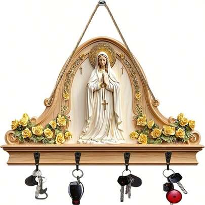 1 llavero de madera para la oración a la Virgen María con 4 ganchos metálicos - Decoración de pared de estilo bohemio campestre, arte religioso bidimensional de 10,4"X8,6", adecuado para porche, habitación, villa y decoración del hogar durante todo el año, fácil de instalar