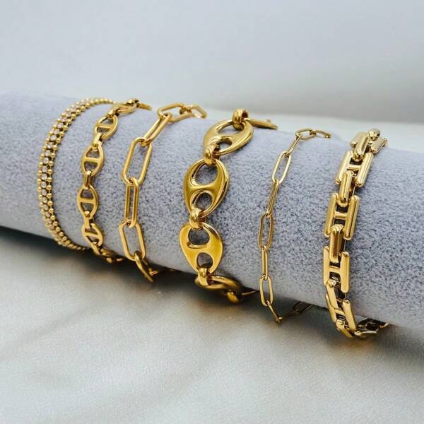 1pc Elegant Stainless Steel Gold Pig Nose Geometric H-Shape Oval Zirconia Bracelet, Suitable For Women Daily Outfit