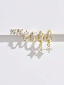 3 Pairs (6pcs) Delicate, Elegant, Slender Four-Leaf Clover Pendant Hoop Earring Set, Women's Jewelry Accessories, Gift For Her - Gold - View 3