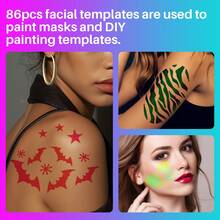 86pcs Face & Eye Body Paint Stencils Set, Reusable DIY Face And Body Painting Tattoo Templates, Makeup Drawing Tools, Suitable For Halloween, Christmas Party Makeup,Back To School,School Supplies - White - View 4